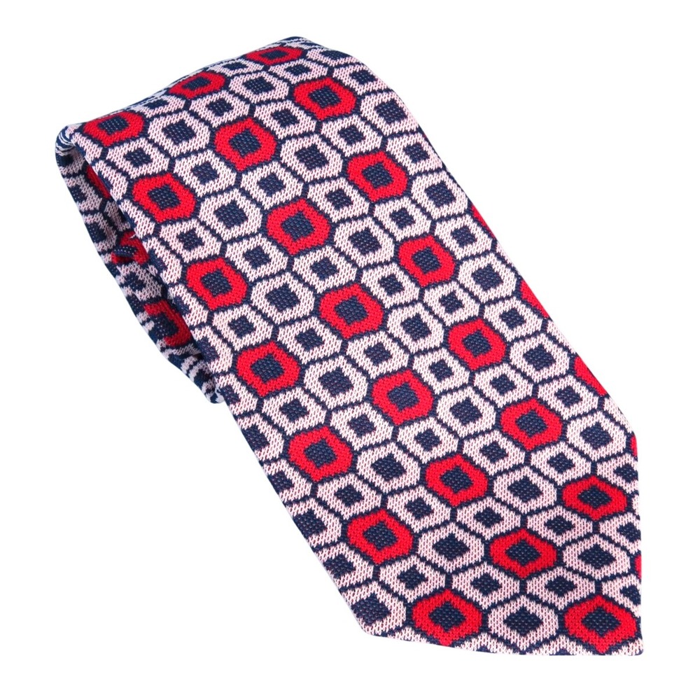 VINTAGE Men's Wide Neck Tie RED NAVY BLUE GEO PRINT Double Knit Polyester RETRO!